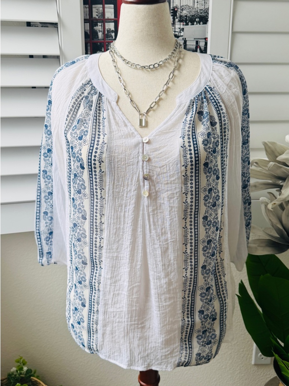fig and flower White Peasant Blouse with Blue Floral Stripe